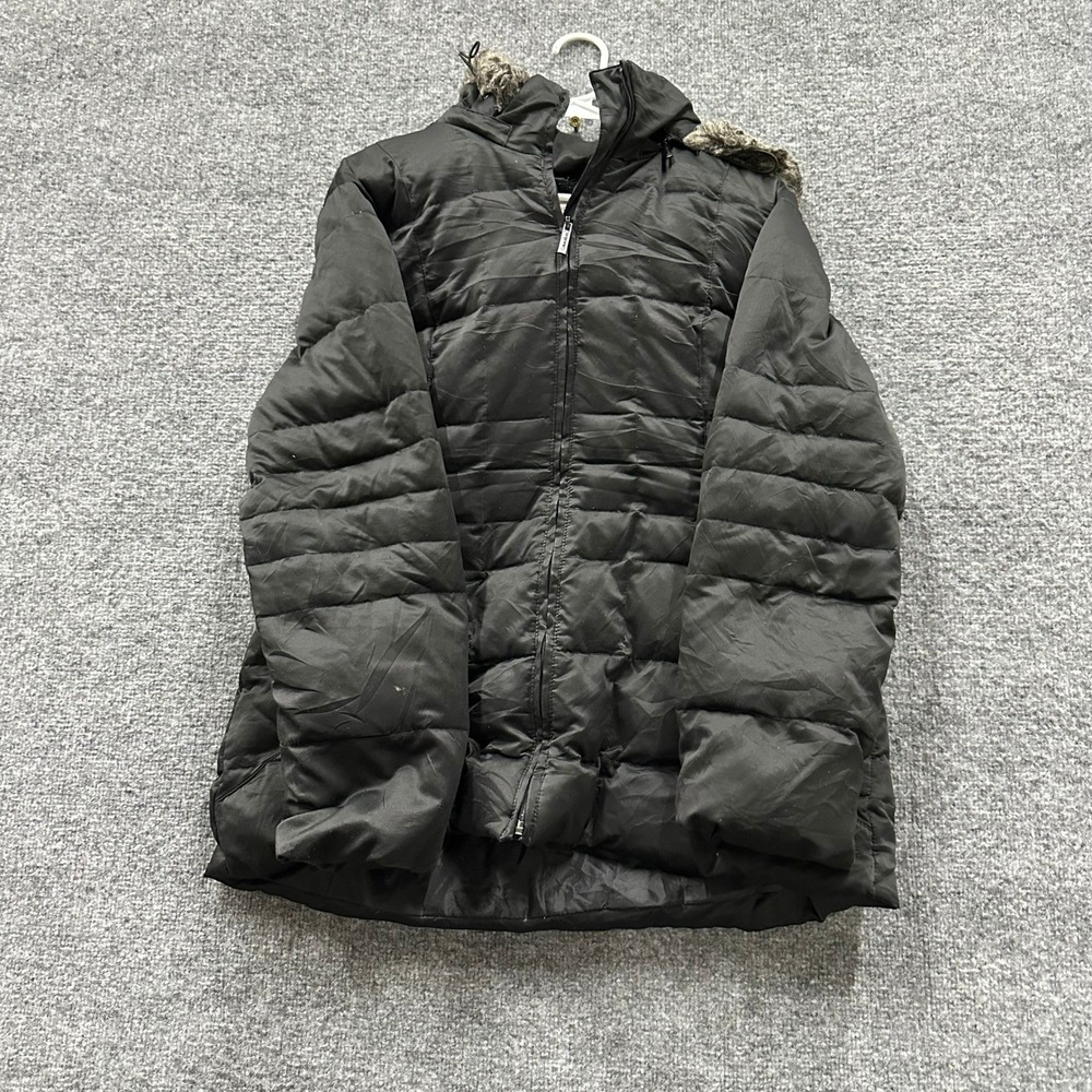 Calvin Klein Puffer Jacket Womens XL Black Down Fill Faux Fur Trim Hood Quilted